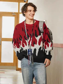 ZAFUL 男性長袖ルーズセータールーズ炎プリントジャンパー新冬 2024 秋のセーター新学期メンズ冬服