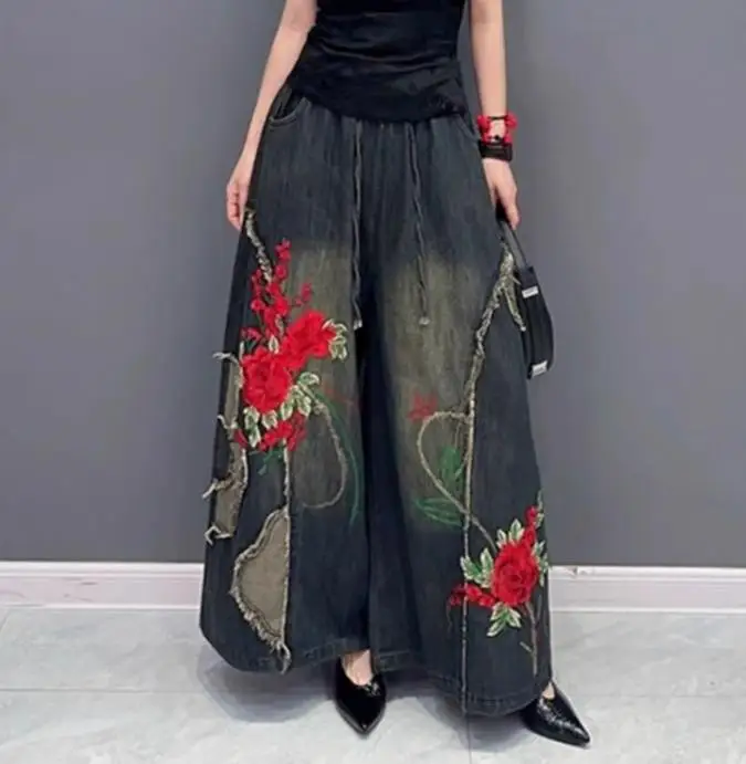 European Style Jeans 2023 Spring Summer New Fashion Embroidered Washed Denim Wide Leg Culottes Loose Casual Women's Denim Pants