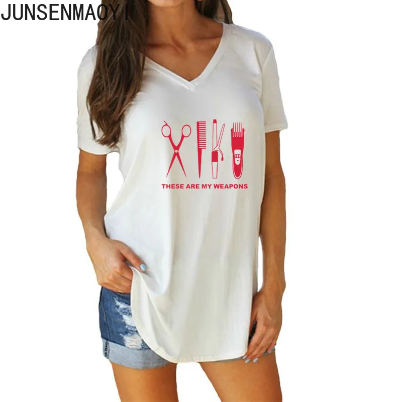 Casual Barber Print T Shirt print women T-Shirts V-Neck Short Sleeve teeshirt Hairdresser Weapon T-shirt summer Tees Size S-5XL