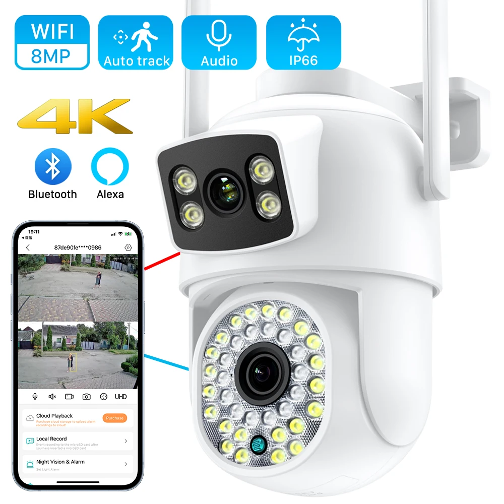 8MP 4K Wifi Camera Dual Lens Ai Human Detect Auto Tracking Outdoor Wireless Security Camera 4MP Color Night Vision Video Camera