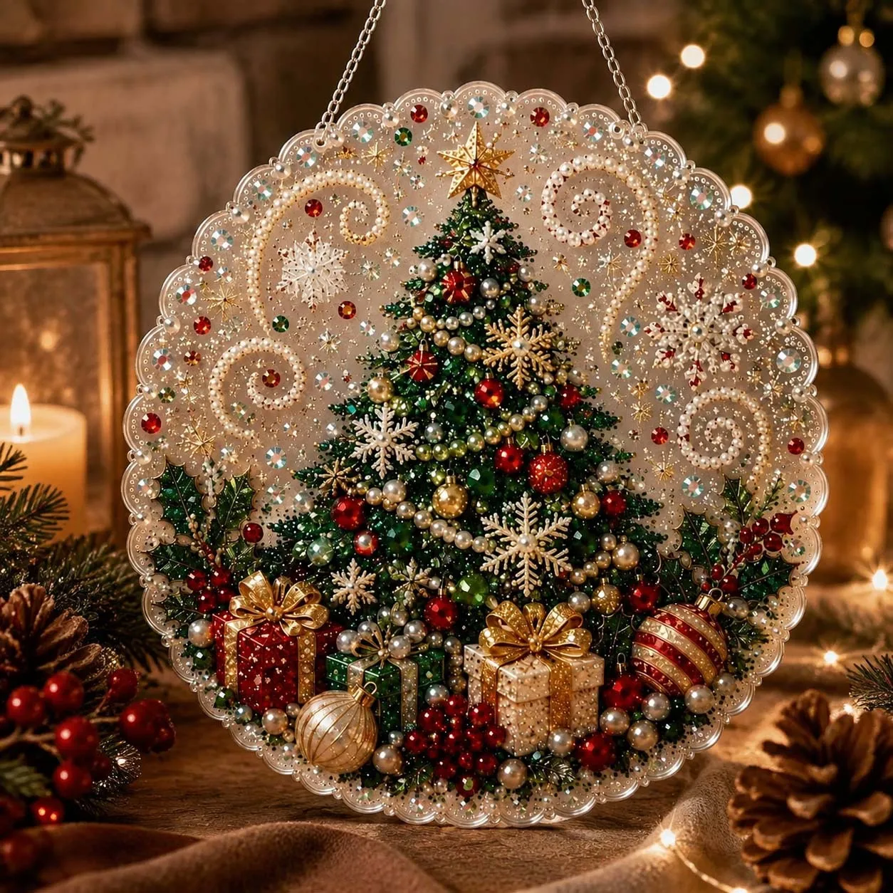 Christmas Pearl Diamond Painting Suncatcher Kit DIY Round Hanging Ornament Acrylic Board Xmas Window Home Decor Craft Supplies - view 3