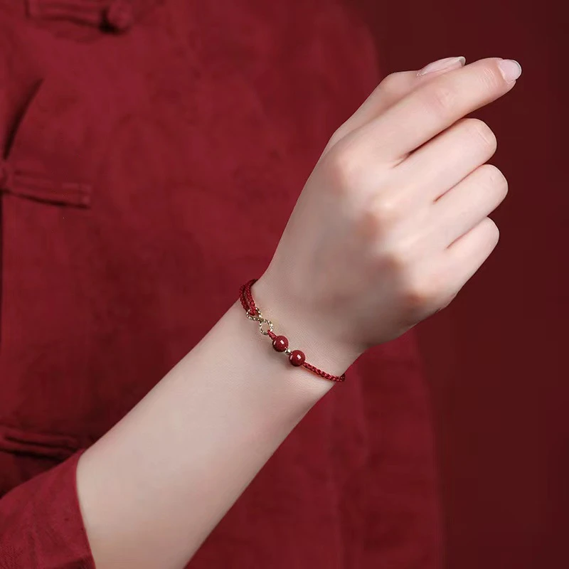 Handmade Braided Imitation Cinnabar Infinity Symbol Bracelets for Women Men Simple Red Rope Peach Blossom Transfer Bead Bracelet