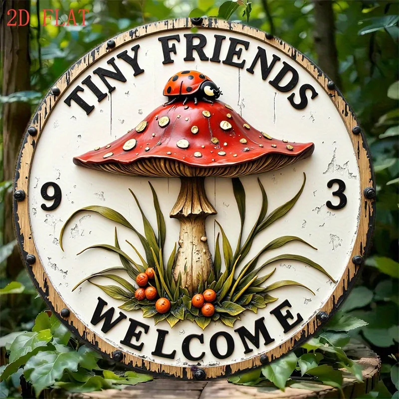 2D Flat - 2D Plane - Country Garden Themed Round Wall Plaque, Featuring Mushroom And Ladybug Designs, Engraved with The Words 