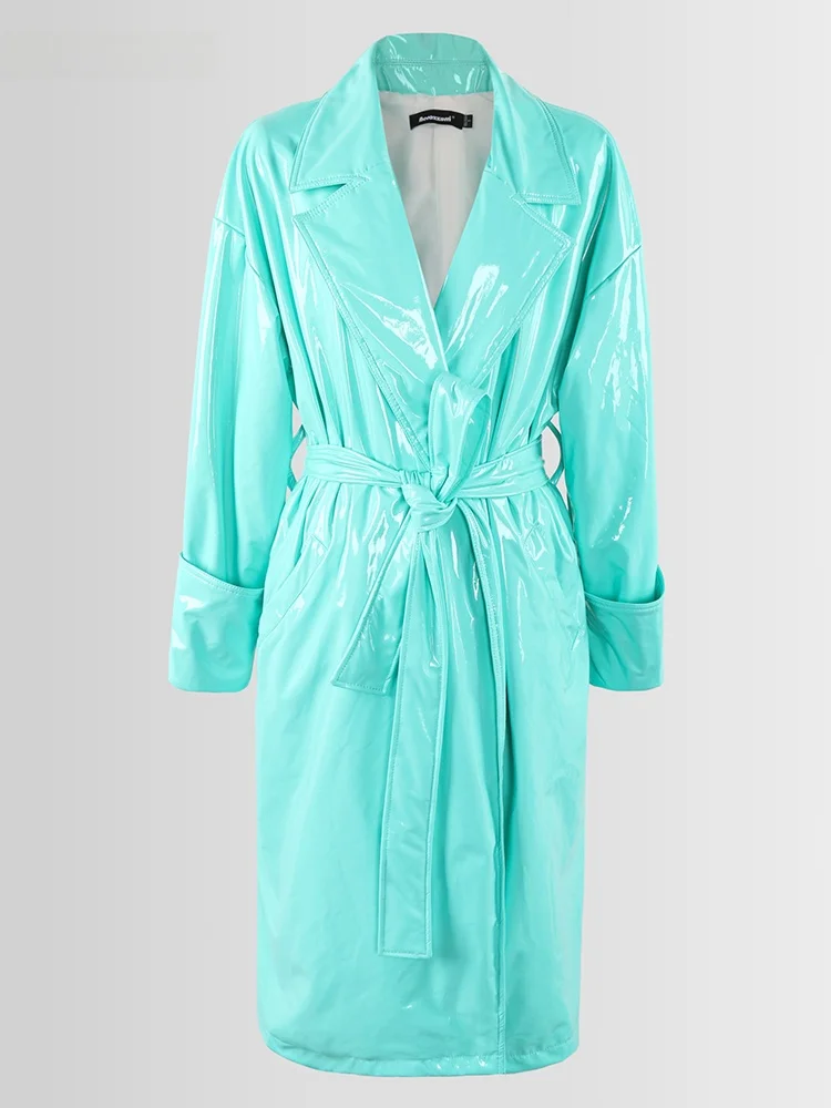 Nerazzurri Women's Oversize Long PU Leather Jaet High Gloss Painted Leather Street Sle Faion Autumn Winter Coat