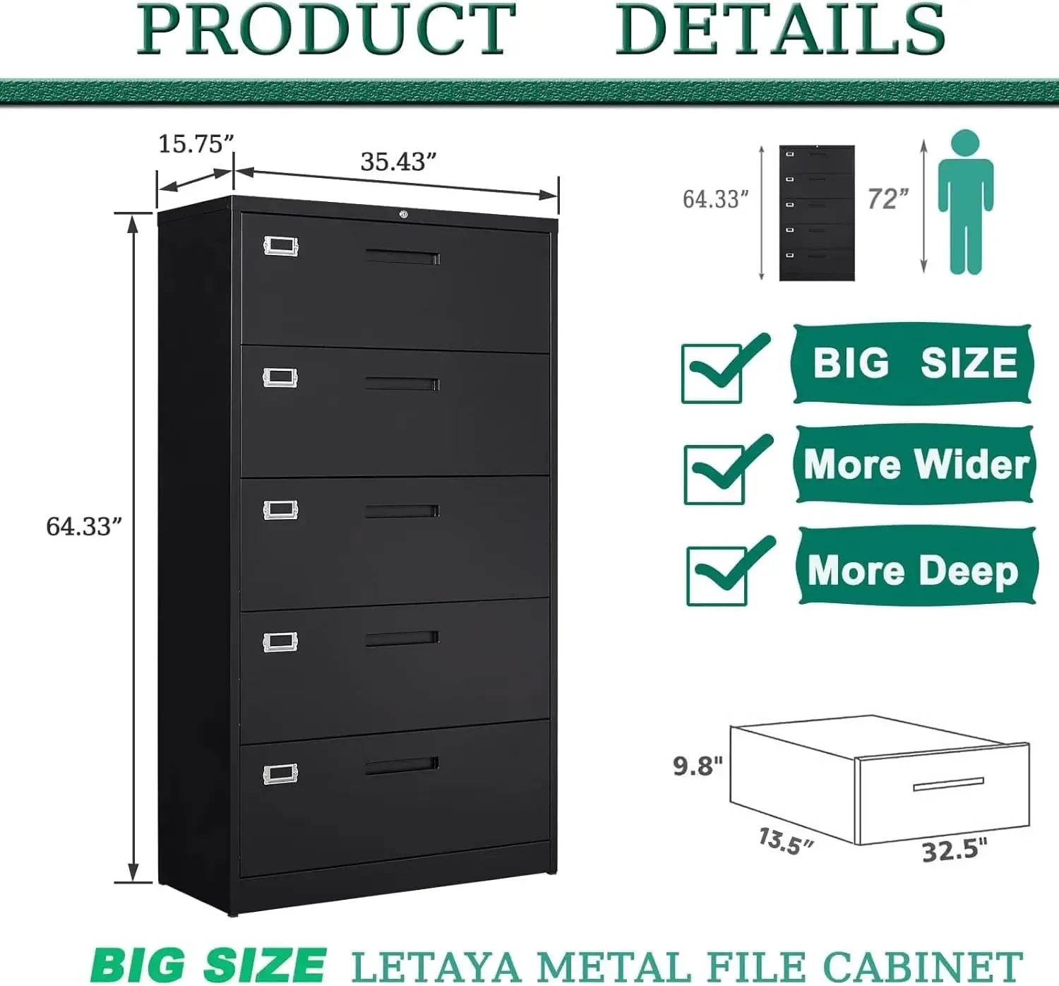 Letaya 5 Drawer File Cabinet with Lock,Metal Lateral Filing Cabinets for Home Office Hanging Files Letter/Legal/F4/A4 Size