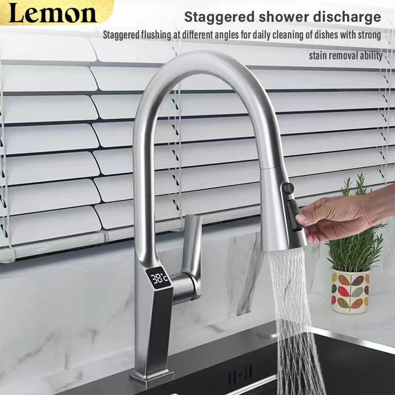 Kitchen sink pull-out faucet, LED digital display, pull-out range 60 cm, 360° rotation