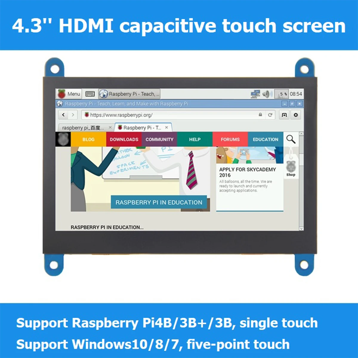 Pantalla táctil capacitiva USB para Raspberry Pi 3B +/4B, pantalla HDMI de 4,3 pulgadas