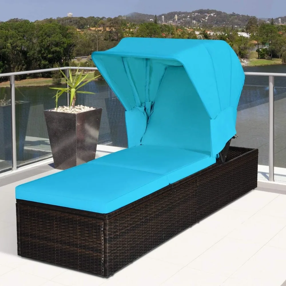 

Outdoor Chaise Lounge Chair with Folding Canopy, Adjustable Cushioned Reclining Chair with Flip-up Tea Table, Rattan Sun Lounge
