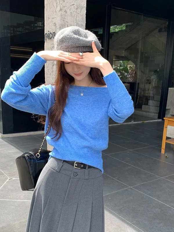 فضفاض oulder ey محبوك قاعدة irt المرأة طويلة Sve التعرض oulder أعلى الكورية Sle الخريف Faion مزيج الصوف عادية