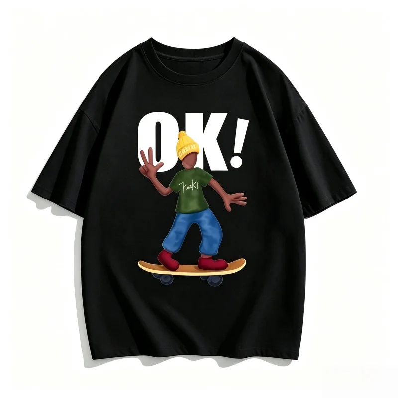 2026 couple's cool skateboard cartoon character OK pattern T-shirt hip-hop street wear casual short sleeved T-shirt