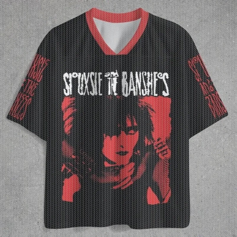 V Neck Black Red Trim Mesh Jersey T Shirt Vintage Gothic Woman Portrait Print Front Back Sleeve Punk Streetwear Top
