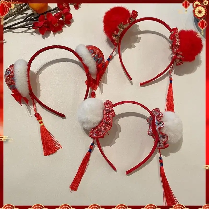Q5WE Festival Props Pompoms Buns Headband for Chinese Snake Year Party Stylish Plush Tassels Hairhoop Theme Event Accessories