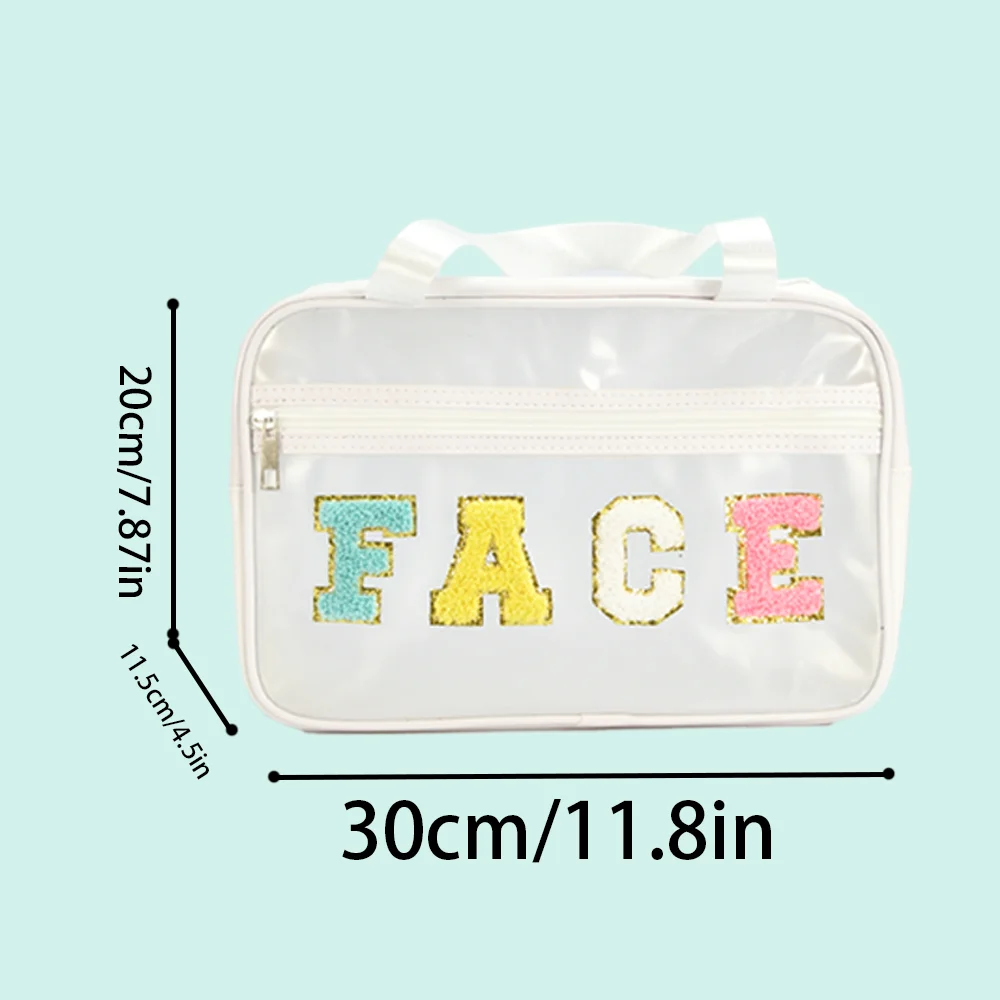 Transparent PVC Makeup Bag with Waterproof and Large Capacity Zipper Design, Towel Embroidery Storage Bag with Handle