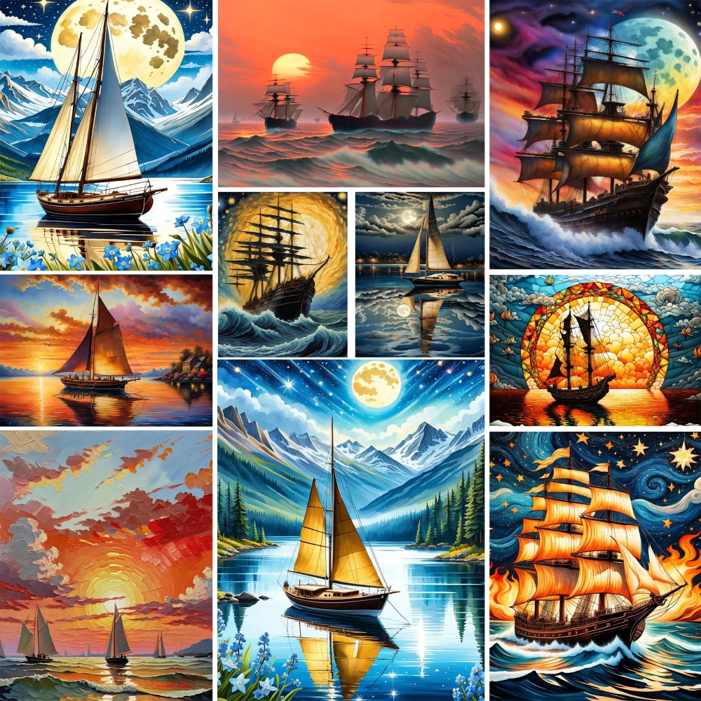 Landscape Sailing Ship Cross Stitch Full Kit DIY Embroidery Handicraft Knitting Handmade Needlework Package Jewelry Wholesale