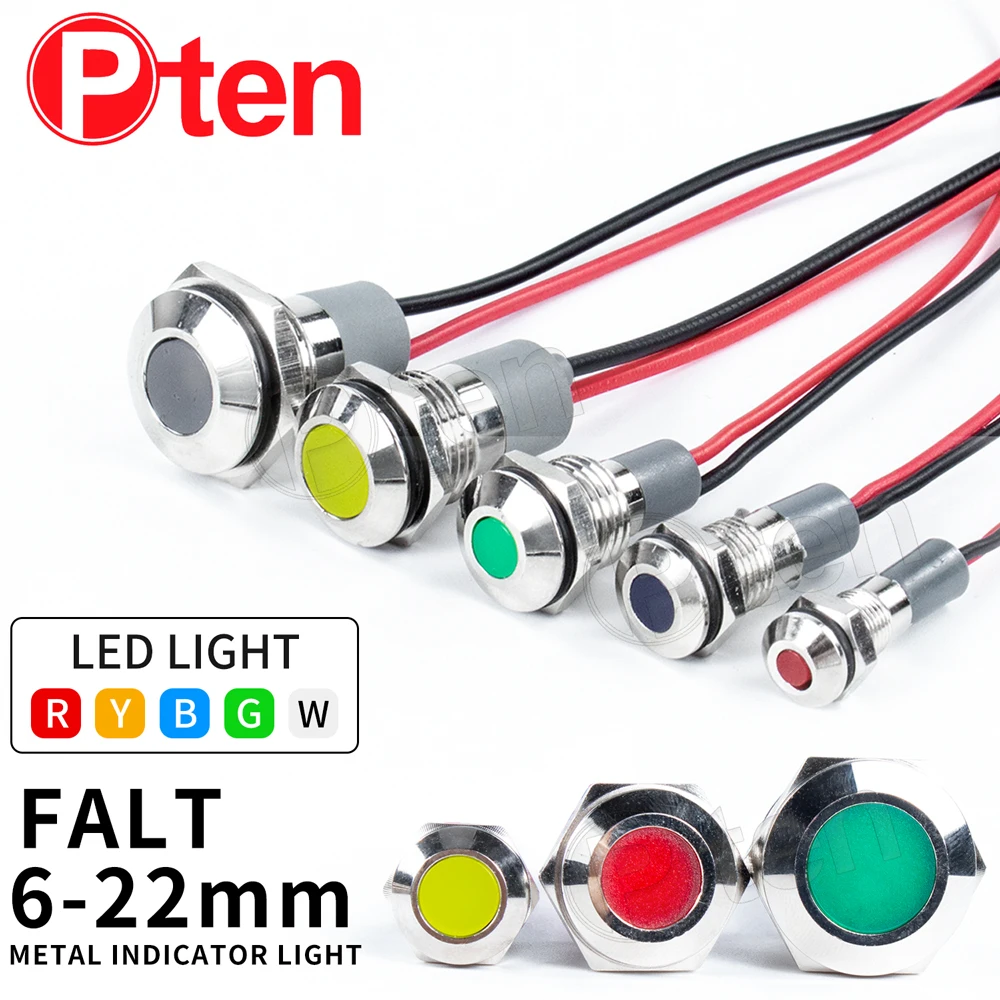6/8/10/12/16/19/22mm płaski metalowy wskaźnik ostrzegawczy LED lampka sygnalizacyjna przewód pilotowy wodoodporny IP65 3-6V 12-24V 220V moc