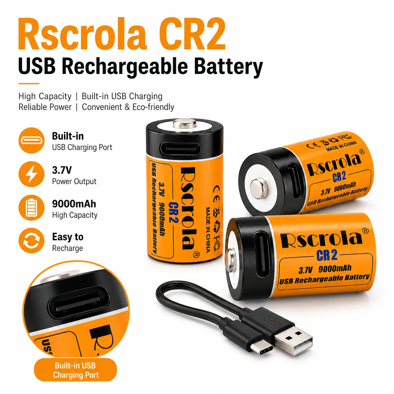 3.7V CR2 9000mAh Rechargeable Battery USB-C Fast Charge High Capacity Lithium Battery for Camera Flashlight Security Devices