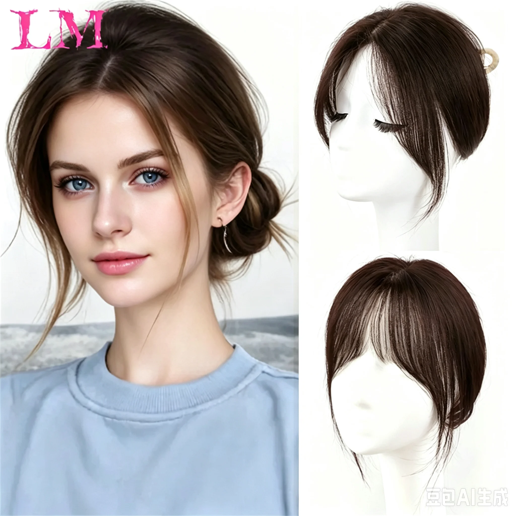 LM Women's Natural Looking Straight Hair Topper Real Human Hair Clip in Bangs Volumizing Concealer Hairpiece Lightweight Breatha
