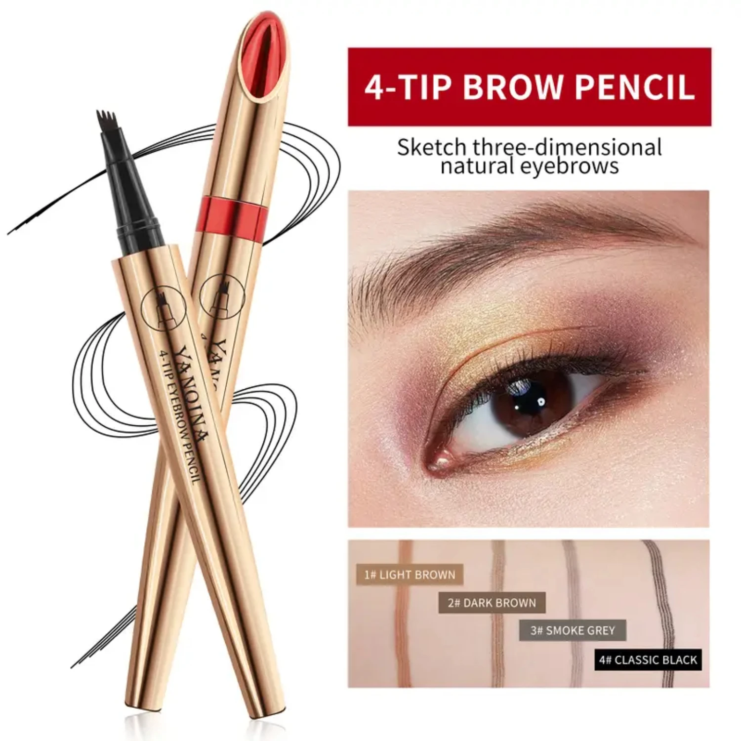 Water Resistant 4D Four Fork Liquid Eyebrow Pen - Long Lasting Waterproof Makeup Tool - 1 Piece