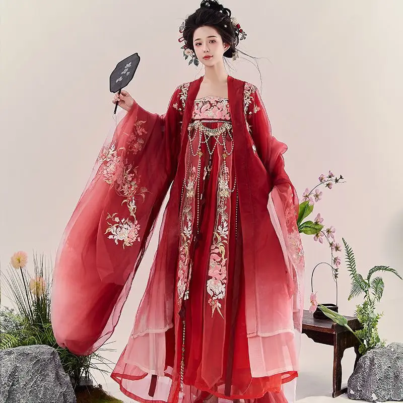 

Китайское платье ханьфу большого размера 3XL, женский карнавальный костюм для косплея, древний вышитый синий, красный ханьфу, подходит для женщин 90 кг