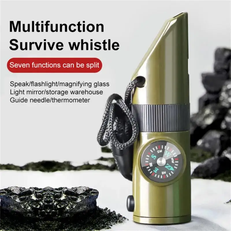 

Multifunctional Whistle 7 In 1 Camping Survival Whistle Trekking Thermometer Compass Tools Magnifier Mirror With Led Light