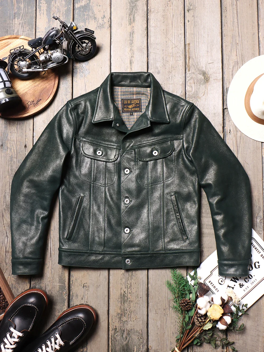 Storm Knight American Retro Work Denim Jacket, Men's Lapel Genuine Leather Jacket, Top Layer Cowhide Denim Leather Jacket