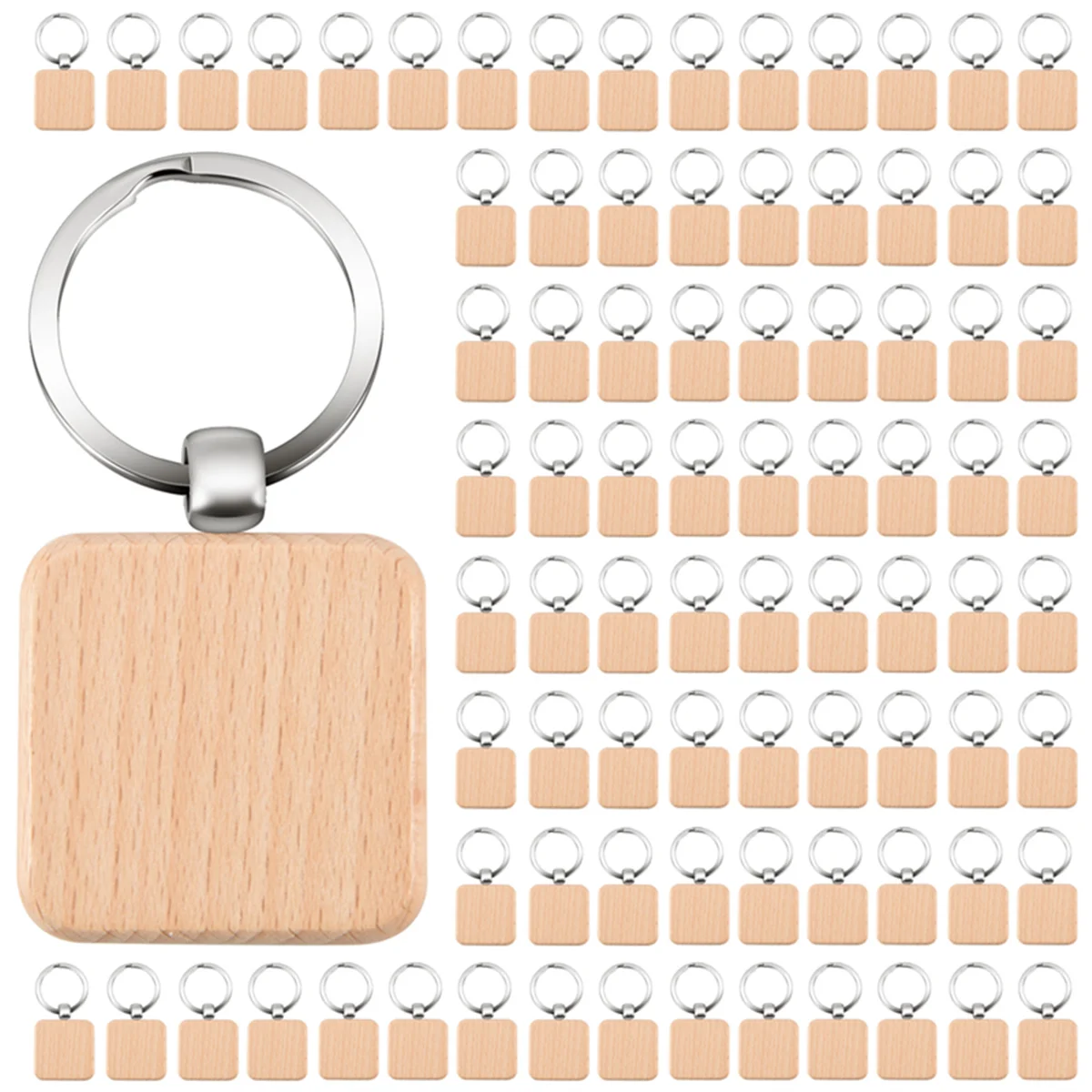 ABVA-100Pcs DIY Blank Wooden Key Chain Square Carved Key Ring Wooden Key Ring About 40 x 40 mm