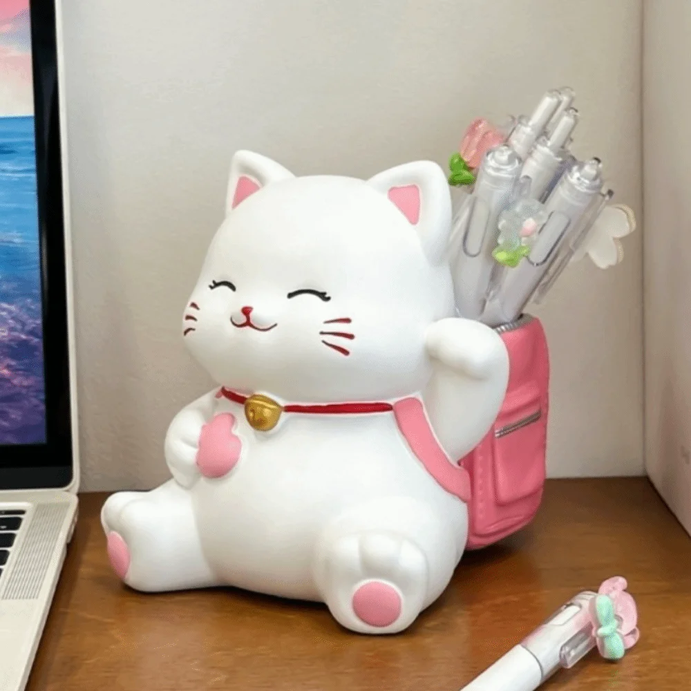 Creative Small Cat Pen Holder Cartoon Storage Box Lucky Cat Stationery Organizer Large Capacity Multi Functional