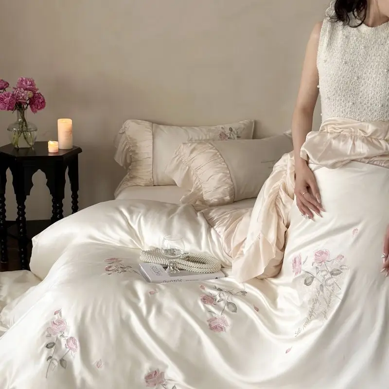 Egyptian Cotton Princess Bedding Set Luxury Rose Flowers Embroidered Duvet Cover Bed Sheet Pillowcases Home Textile