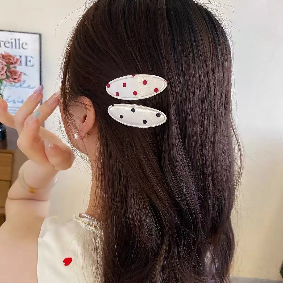 2pcs Korean Satin Polka Dot Oval Hair Clips Bangs Side Hairpins Sweet Cute BB Clips Fashion Versatile  Headwear Hair Accessories