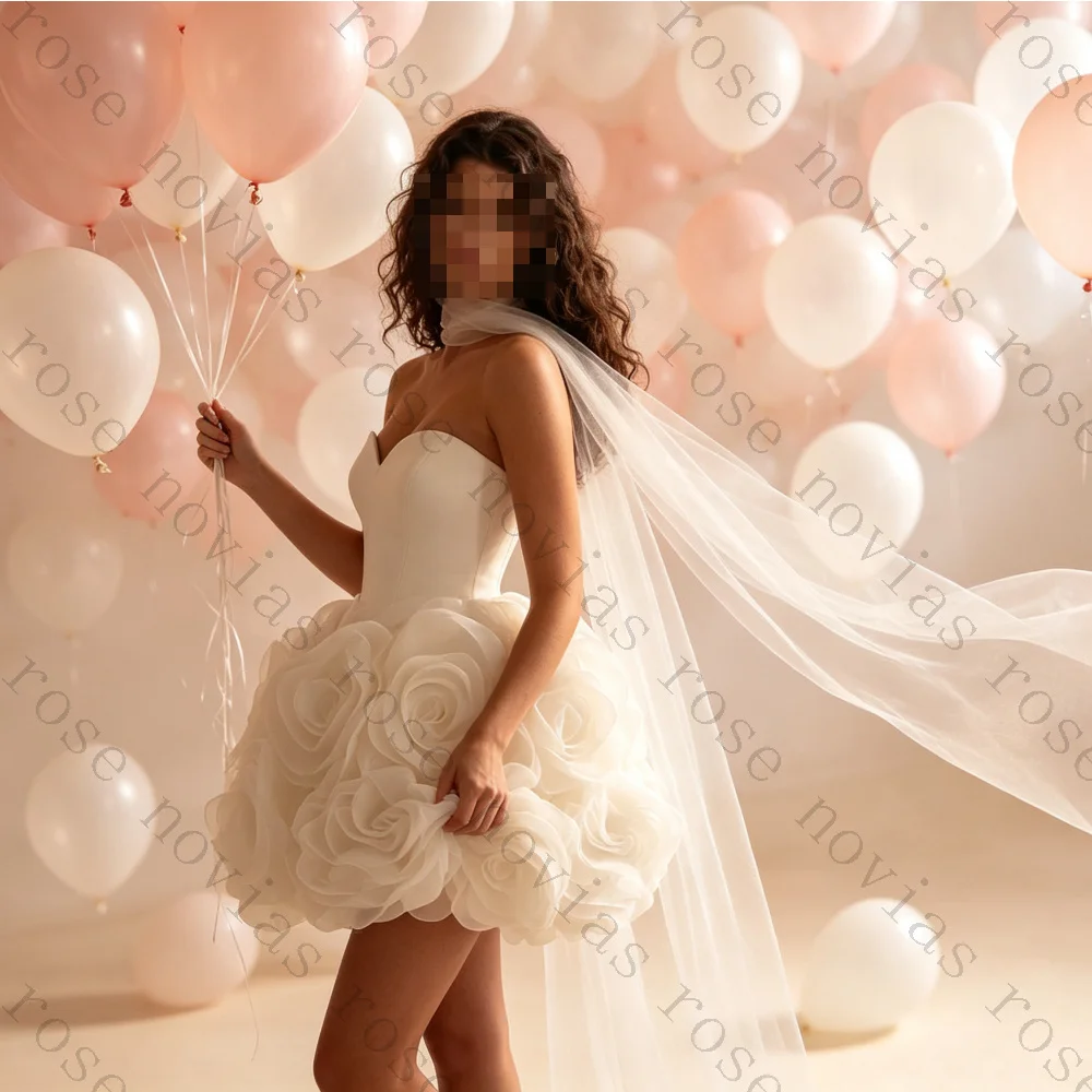 Customized Modern Elopement  Reception Bridal Party Gowns Strapless Sweetheart Satin Short Dress 3D Floral Mini Wedding Dresses