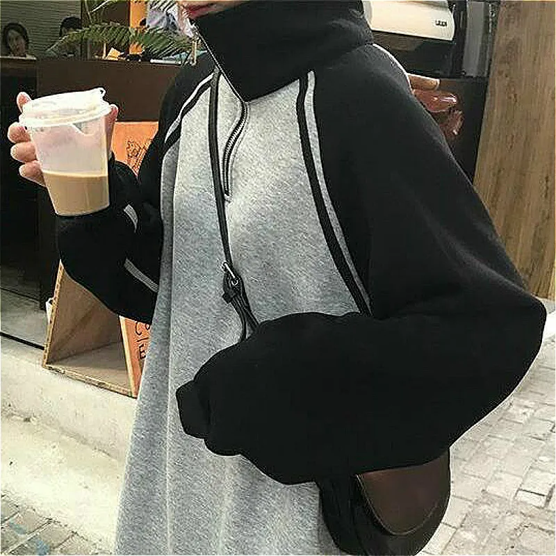 Long Sleeve Dress Women Daily All-match College Baggy Patchwork Lady Clothes Stand Collar Leisure Harajuku Thicker Cozy Casual