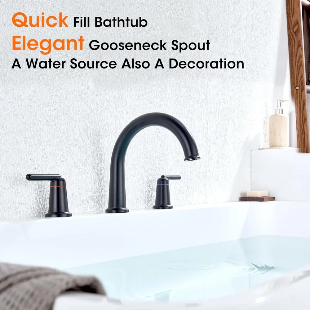 Bathtub Faucet Set 3 Hole, Widespread Deck Mount Tub Faucet Valve Brass High Flow Tub Filler Garden Bath Tub Faucet Set 2-Handle