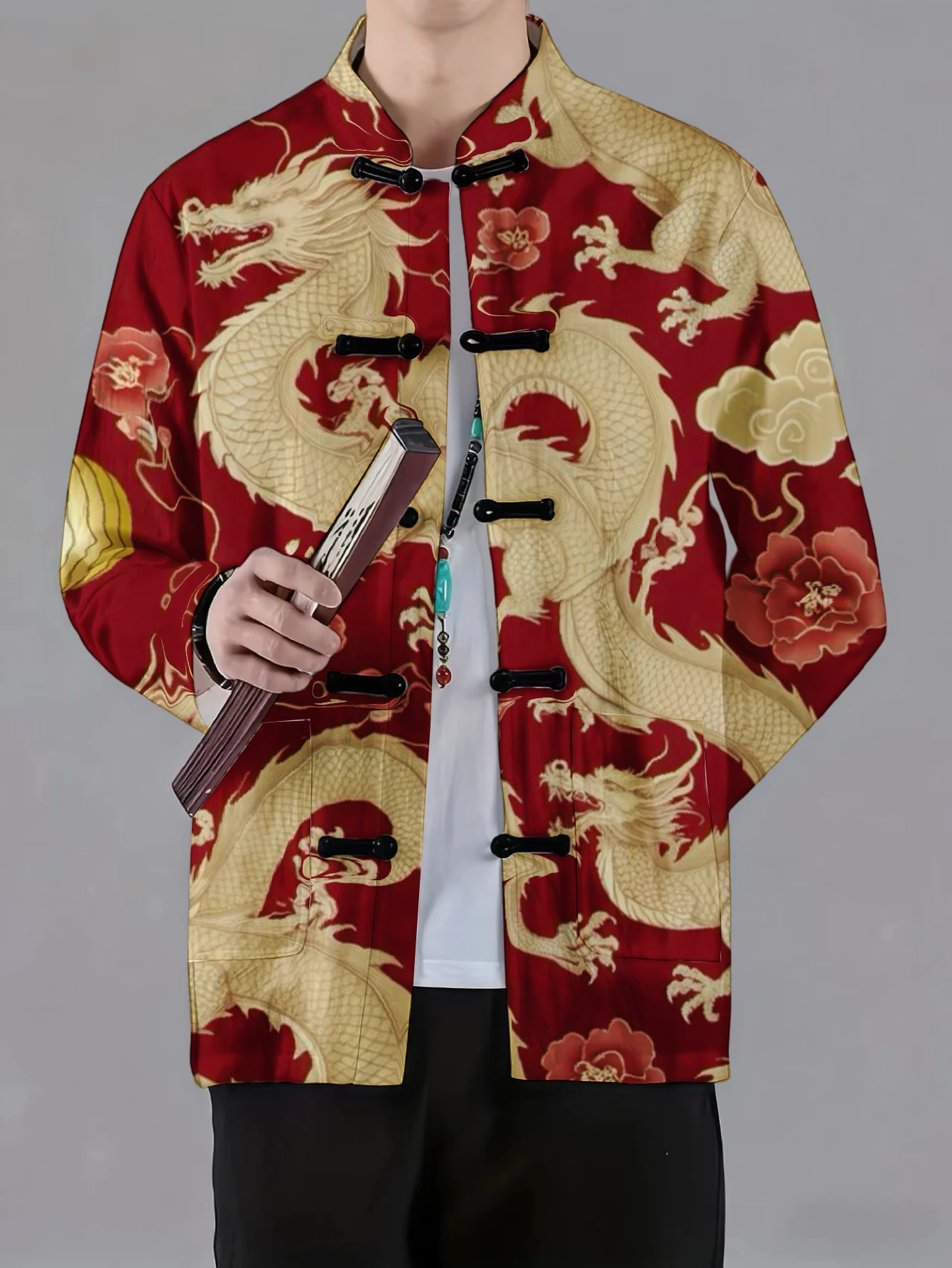 Men Red Golden Dragon Floral Print Chinese Tang Suit Jacket Mandarin Collar Frog Button Long Sleeve Casual Streetwear Outer Coat