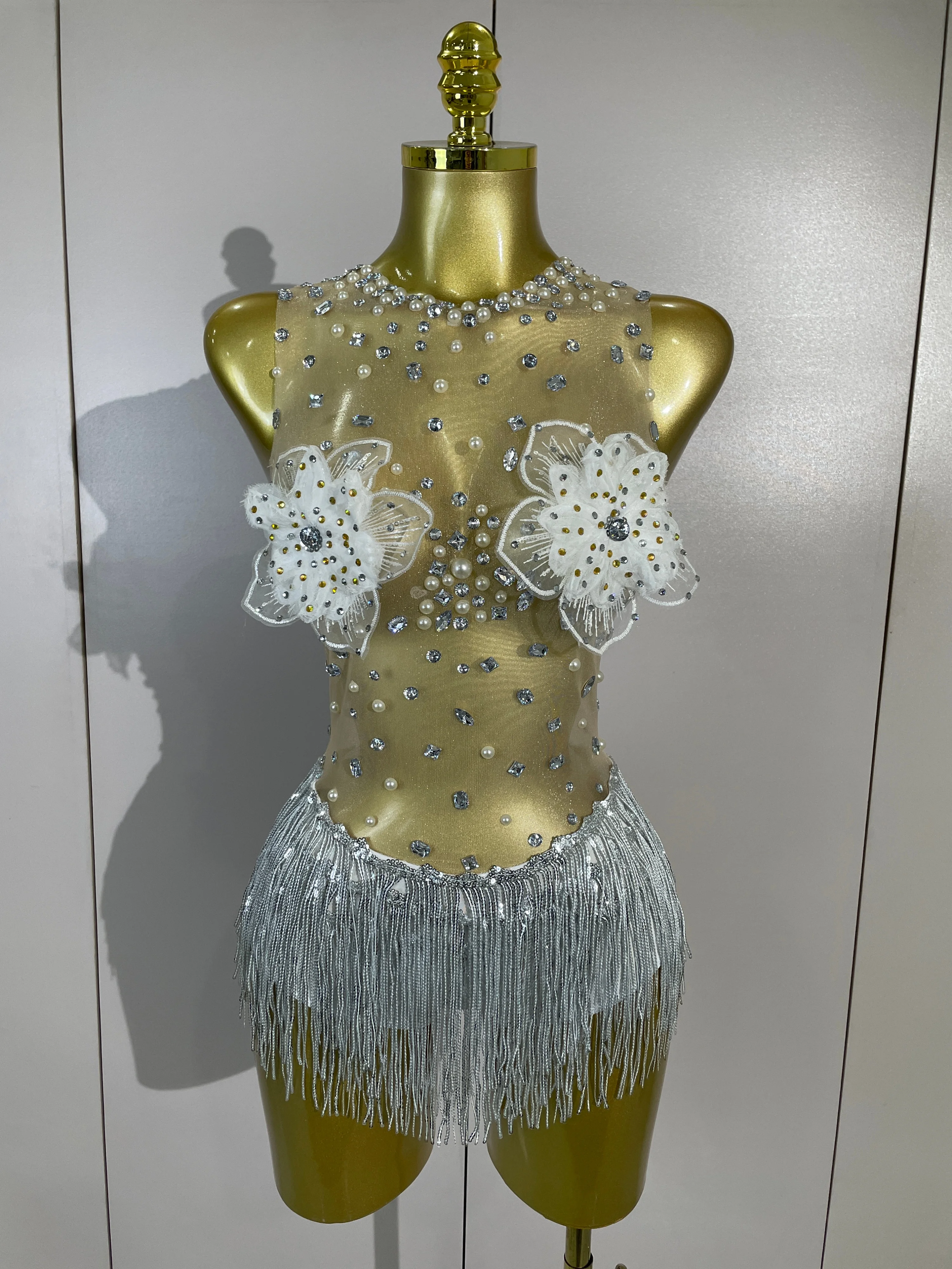Luxury Sparkly Rhinestone Flower Tassels Bodysuit Women Sexy Mesh See Through Performance Leotard Dance Singer Show Stage Wear