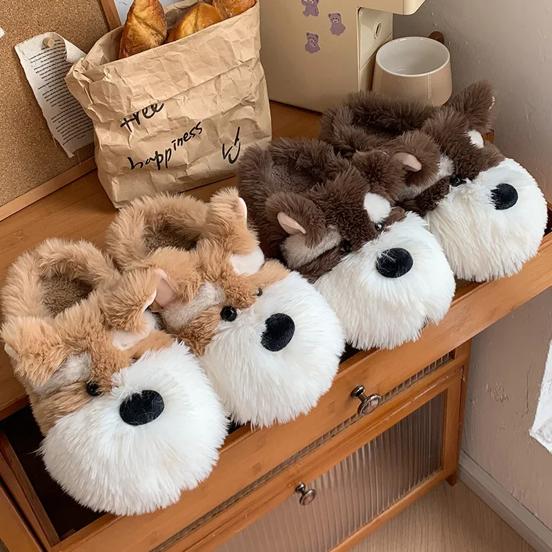 

Зимние теплые хлопковые тапочки, женские удобные пушистые нескользящие тапочки с милой собакой, домашние домашние плюшевые тапочки на мягкой платформе для спальни