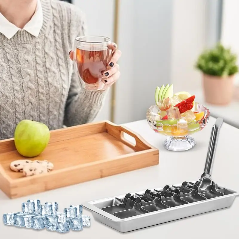 Stainless Steel Ice Cube Tray Lever-Style Ice Tray Ice Cube Maker Tray Freezer Square Ice Cube Mold For Milk And Drink Cooling