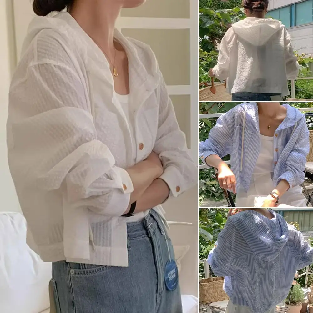 Trendy Shirt Blouse Simple Thin Pure Color Anti-UV Shirt Shirt Streetwear Sun Solid Top Women Color Shirt Anti-fade Protect F2M6