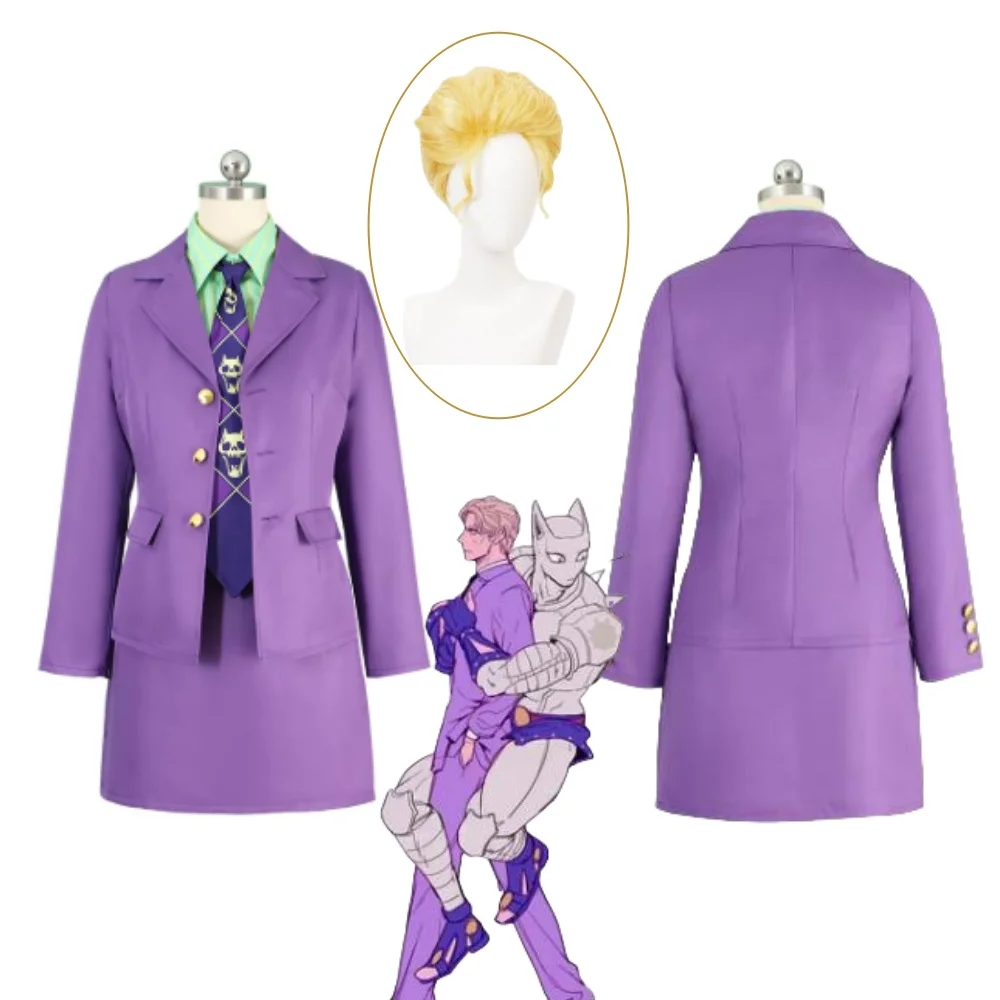 

Anime Kira Yoshikage Cosplay Costume Female Halloween Convention Outfits Women Purple JK Uniform Tie Wig Full Set