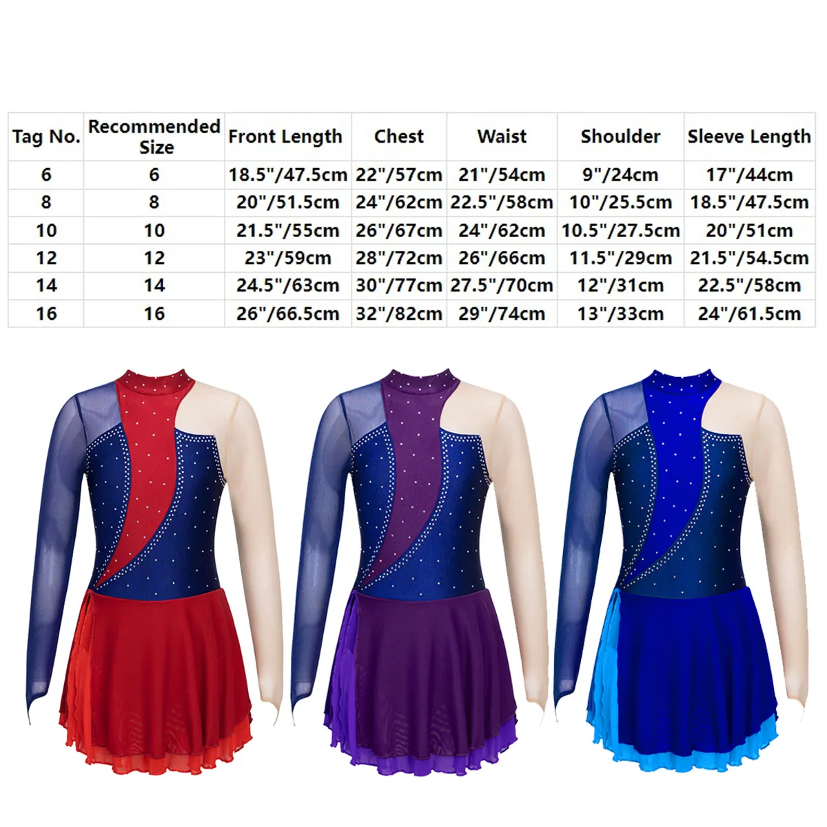 Rhinestone Figure Ice Skating Dress Child Girls Long Sleeve Mesh Ballet Gymnastic Leotard Dress Professional Competition Costume