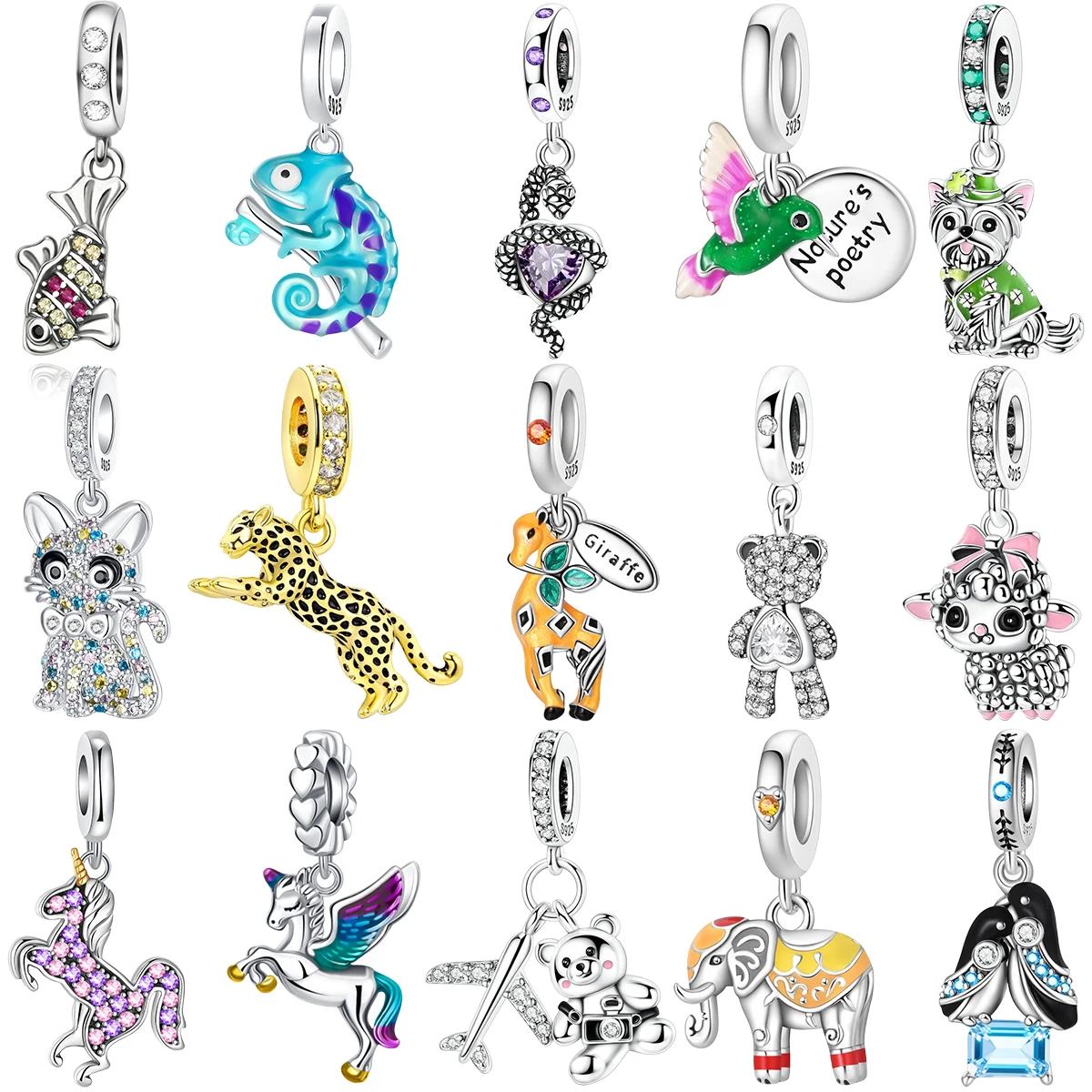 S925 Silver Jewelry Charm Wildlife Fantasy Animal Chameleon Giraffe Leopard Unicorn Elephant Bear Inlaid Gem DIY Bracelet Gift