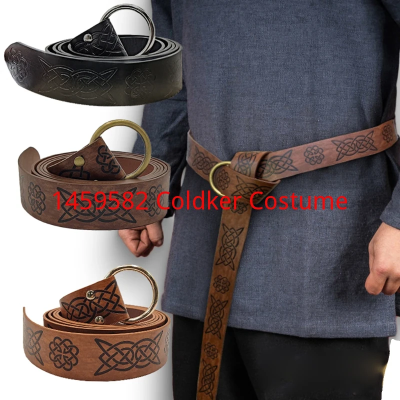 

Retro Leather Belt Medieval Embossed Viking Vegvisir PU Leather O Ring Belt Renaissance Knight Buckles Belt Leather