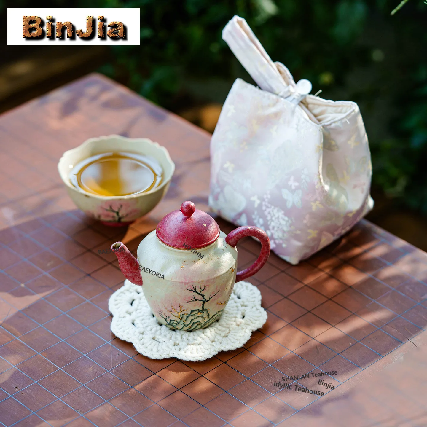 

Hand Painted Cherry Blossom Travel Tea Set Kit Ancient 1 Pot 1 Cup Tea Making Organizer Portable Outdoor Handbag Decoration