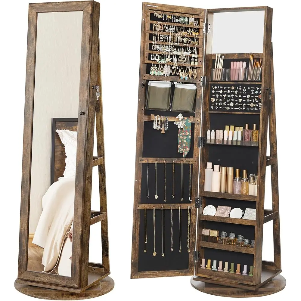 360° Swivel lry Cabinet, Lockable lry Organizer with ull-Length Mirror, Rear Storage Shelves, Interior Mirror, lry Armoire, Git