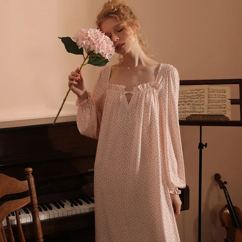 Long Floral Print Nightwear Vintage Square Collar Night Dress Sexy Sleepwear Robe Nightdress Women Cotton Full Sleeve Nightgown