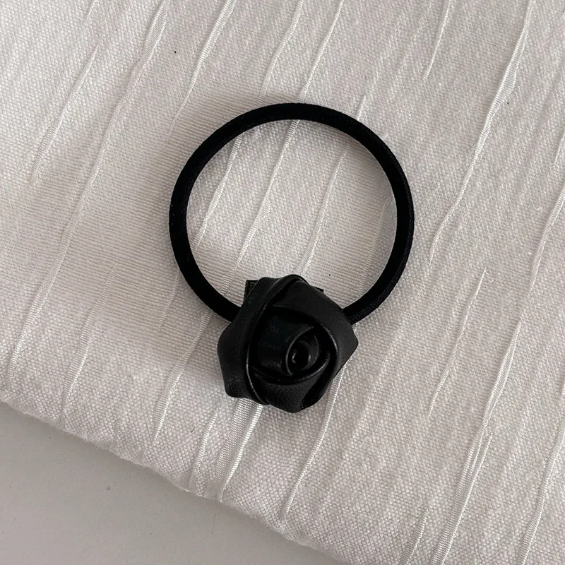 Silver Three-Dimensional Leather Rose Flower Hair Band Tied-up Hair Ponytail Rubber Headband Head Rope Hair Ring HairAccessories