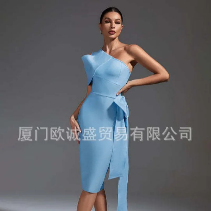 Women's Cross-Border Fashion Slant Shoulder Waist Bow Slimming Slim Banquet Bandage Dress