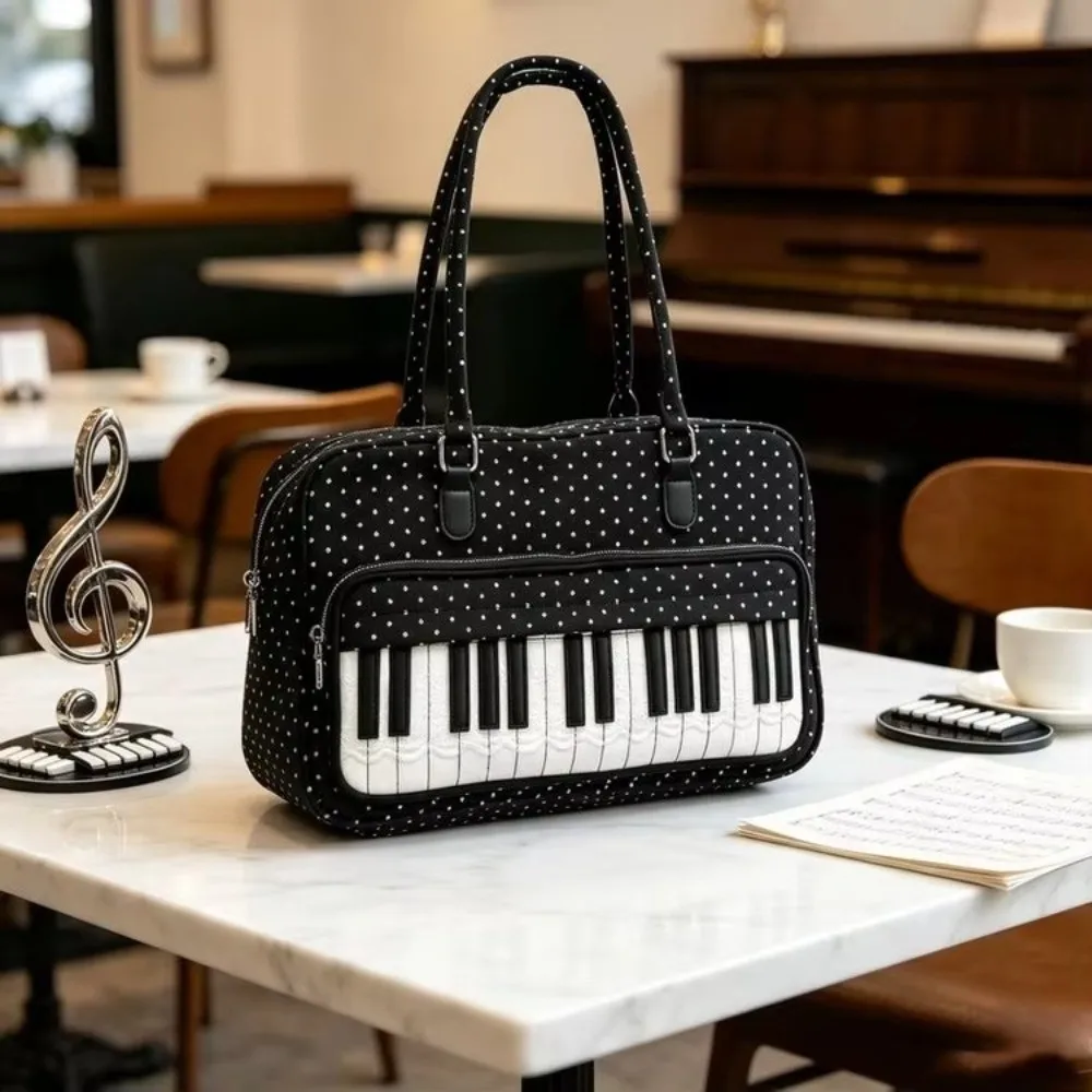 Large Capacity Large Capacity Handbag Polka Dot Spacious Interior Musical Note Tote Bag Piano Key Pattern Daily Commute Handbag