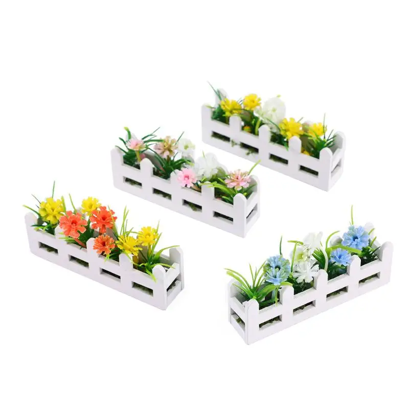 Levensechte 1 stks miniatuur potplanten met bloemhek voor fantasiespel, 1:12 schaal poppenhuis tuin decor speelgoed