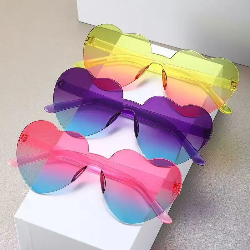Love Heart Shape Sunglasses Women Party Girls Rimless Frame Lens Colorful Gradient Sun Glasses Female Red Pink Yellow Shades
