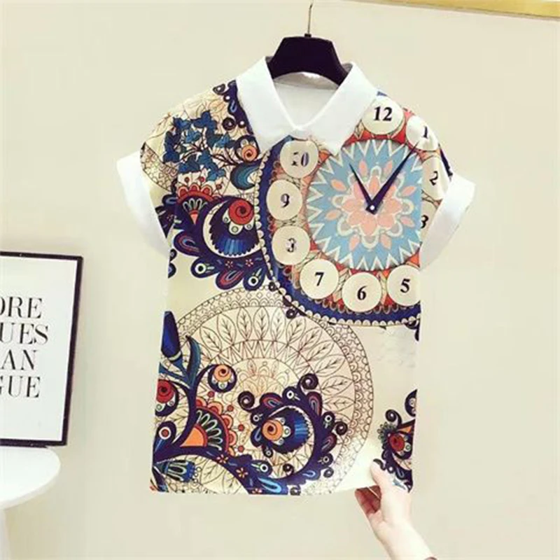 Summer Fashion Printing Streetwear Chiffon Blouse Female Short Sleeve All-match Pullover Top Women Polo-neck Loose Casual Shirt